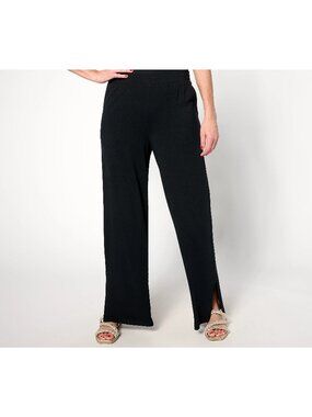 Denim & Co. Beach Pant XL Tall Jersey Wide Leg Elastic Waist Slits Solid Black
